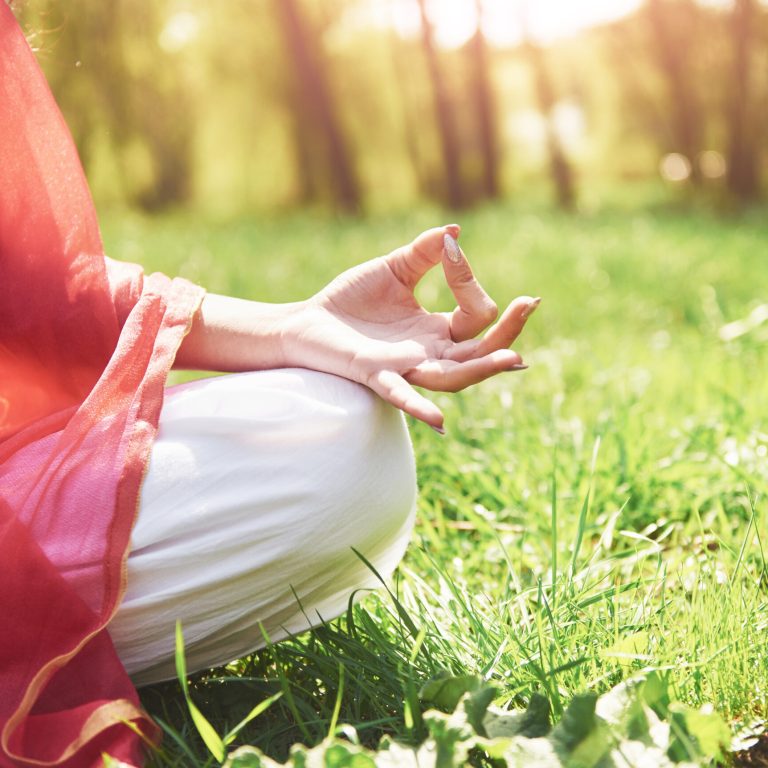 Yoga meditation in a park on the grass is a healthy woman at rest.